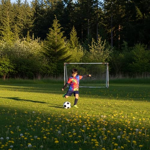 Young Hispanic Boy Practicing Football Skills in Vibrant Field