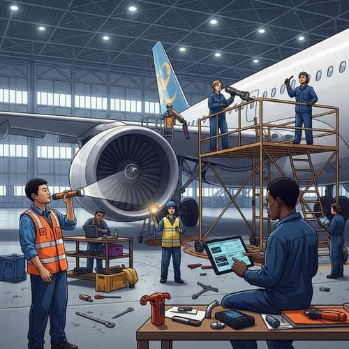 Aircraft Maintenance Workers at Work | Professional Aviation Team