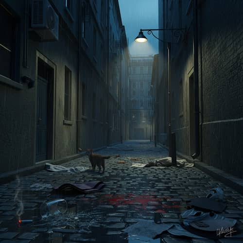 Mysterious Night Scene in City Alley - Eerie and Rainy