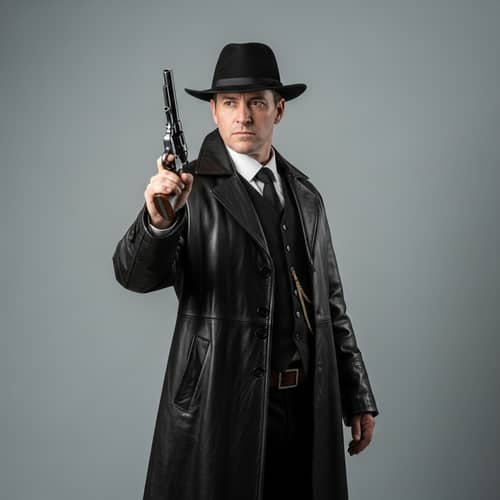 Mysterious Man in Long Leather Coat with Vintage Revolver