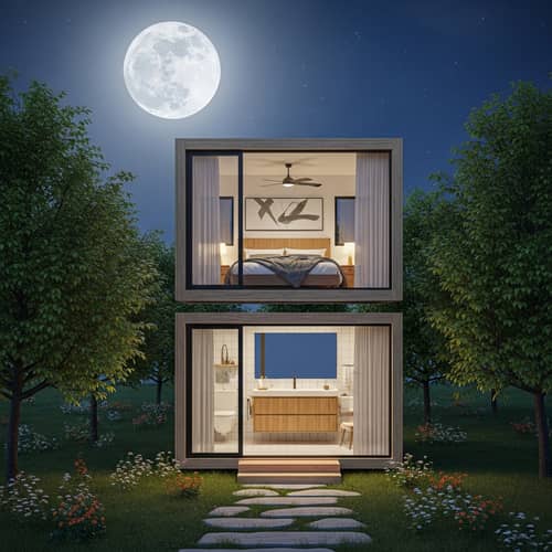 Two-Storey Bedroom Above Bathroom Concept | Tranquil Moonlit Scene
