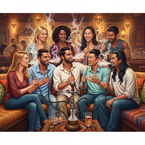 Diverse Group of Friends Enjoying Night Out at Hookah Bar