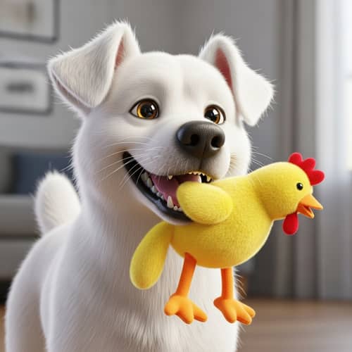 Joyful White Dog with Toy Chicken - 3D Image in 8K Resolution
