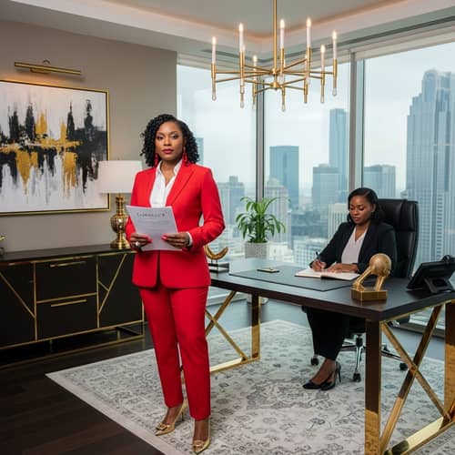 Black Female CEO in Modern Office: Exuding Confidence in Red Suit