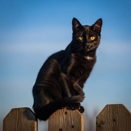 Gleaming Yellow-Eyed Black Cat Perched on Weather-Worn Wooden Fence