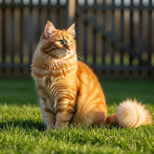Ginger Cat with Green Eyes and Fluffy Tail | Outdoor Scene