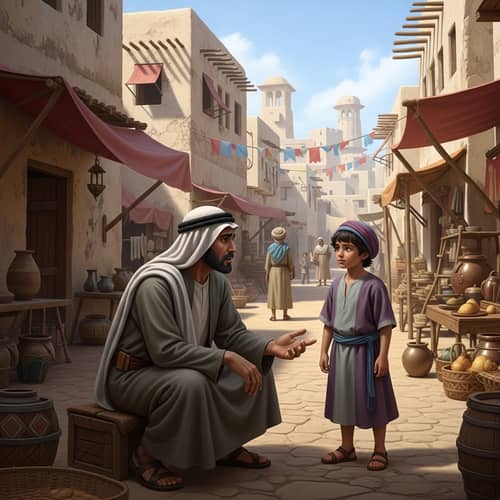 Middle-Eastern Man and Boy Discussing in Ancient City
