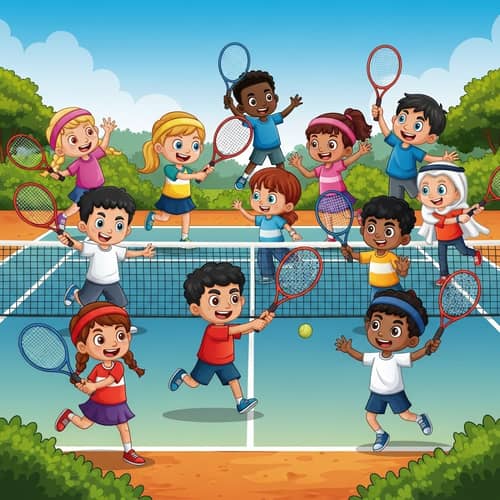 Joyful Kids Tennis Game with Diverse Group | Fun & Action-Packed Scene