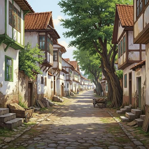 Tranquil Village Scene: Old Houses, Narrow Streets & Vibrant Ambiance