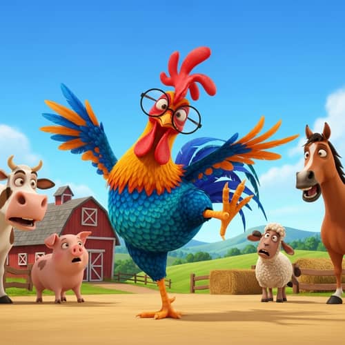 Colorful Crazy Chicken Dancing in Farm Landscape