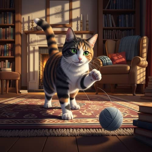 Calico Domestic Cat Playing with Yarn in Cozy Room