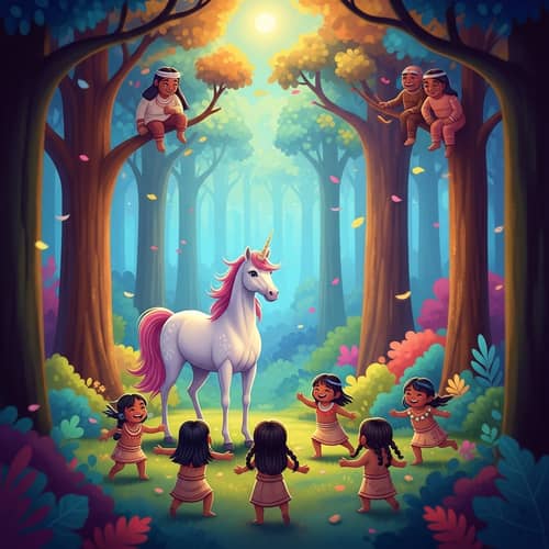 Mystical Unicorn in Lush Forest: Dreamlike scene with Indigenous Children