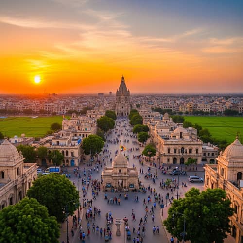 Panoramic Cityscape at Sunset | Ancient and Modern Structures
