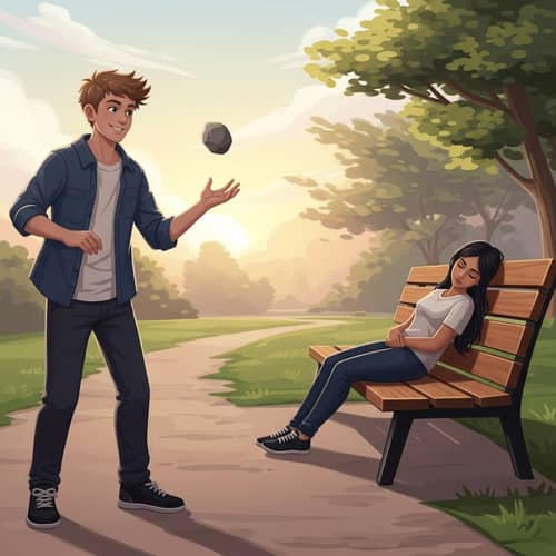 Playful Scene in Park: Teenage Boy Tossing Rock, Girl Dreaming Peacefully