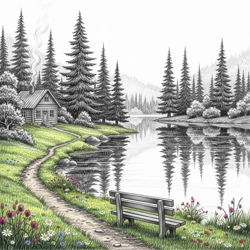 Tranquil Pencil Sketch of Evergreen Trees by Lake