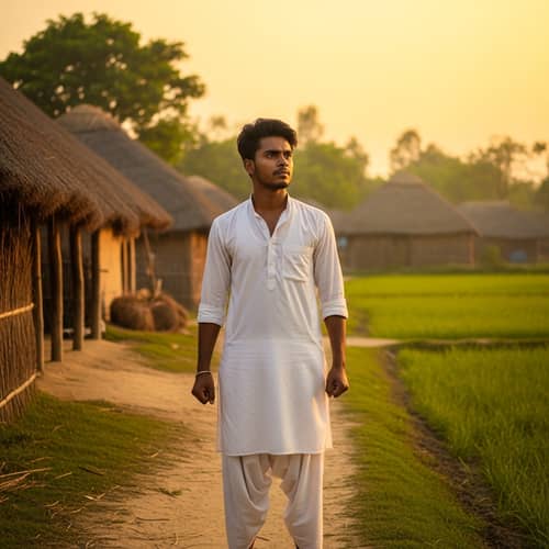 Ambitious South Asian Man in Rustic Village at Sunset