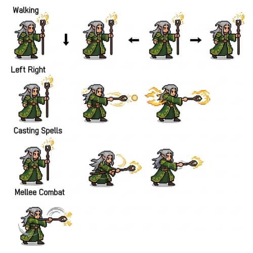 Elven Wizard Pixel Art Sprite Sheet for Dungeons & Dragons