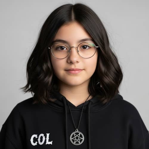 Young Hispanic Girl with Dark Hair and Circular Glasses