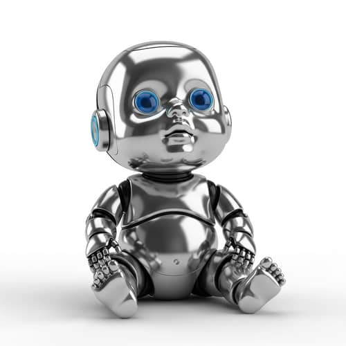Adorable Baby Robot with Shiny Silver Body and Blue Eyes