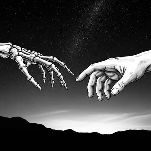 Contrasting Human Skeletal Hand and Fleshed Hand in Surrealistic Style