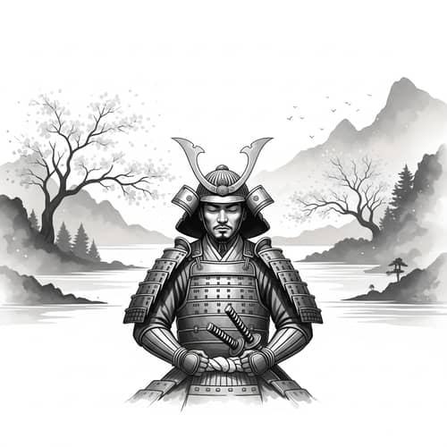 Minimalist Ink Wash Painting of a Serene Samurai in Traditional Armor