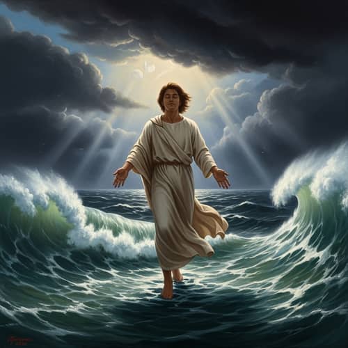 Tranquil Male Walking on Turbulent Sea in Historical Oil Painting