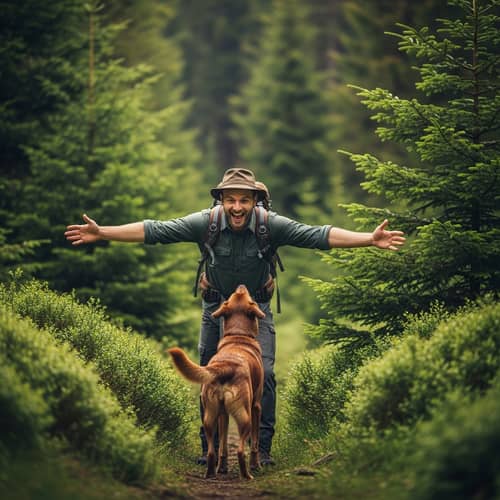 Caucasian Man Reunites with Lost Brown Dog in Forest