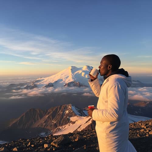 African Businessman Savoring Morning Coffee at Mount Elbrus Summit