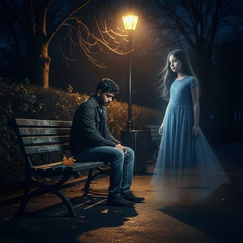 Ghost of a Girl in Blue Dress at Park | Sad Man, Streetlight