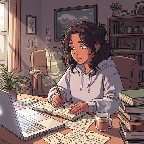 Captivating South Asian Girl Writing in Lo-Fi Style Room
