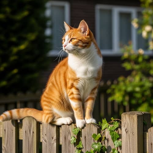 Tabby Cat Sitting on Wooden Fence in Bright Afternoon Sunshine