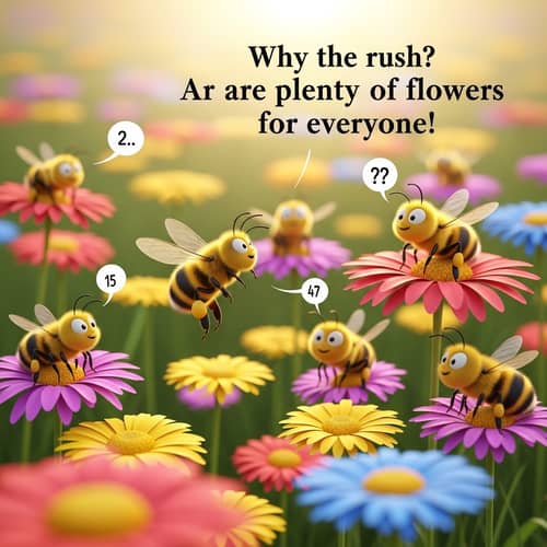Playful Bee Scene in Sunlit Meadow | Vibrant Flowers Abound