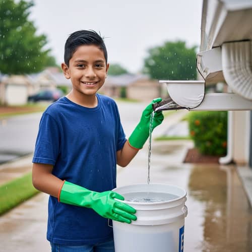 Young Hispanic Boy Saving Rainwater for Sustainable Future