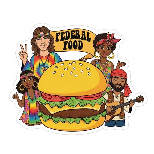 Colorful Burger Stickers with People in Hippie Style for Federal Food