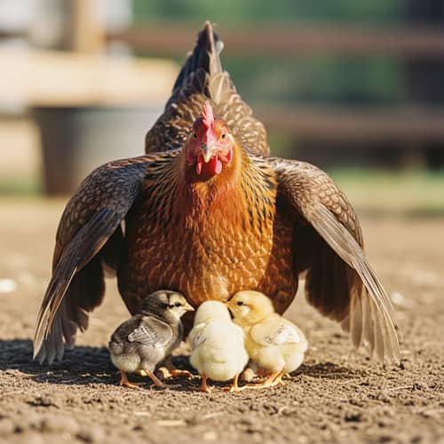 Mother Hen and Three Chicks: Warm and Nurturing Scene | Farm Life