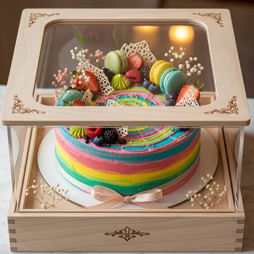 Vibrantly Decorated Cake in Intricate Box | Delicious Toppings