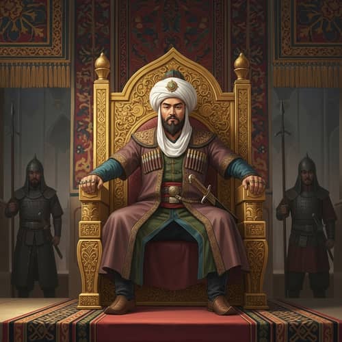 15th Century Uzbek Khanate Ruler on Majestic Golden Throne
