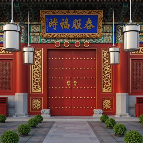 Ornate Crimson Red Traditional Chinese Door | Auspicious Motifs