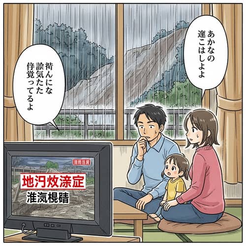 Japanese Manga Illustration: Family Reacts to Evacuation Warning Amid Rainstorm