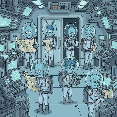 Futuristic Alien Cartoon Characters in Spaceship - Colorful Illustration