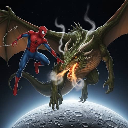 Spider Man Plays with Dragon Above Moon