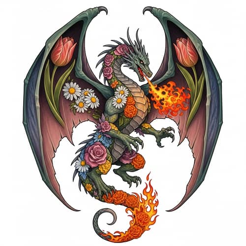Dragon with Floral Body Tattoo Design