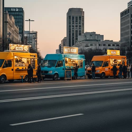 Colorful Food Trucks on Bustling Avenue | Urban Street Food Experience