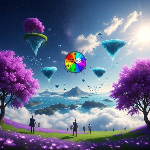 Surreal Landscape with Walking on Clouds, Purple Trees, and Luminescent Fish