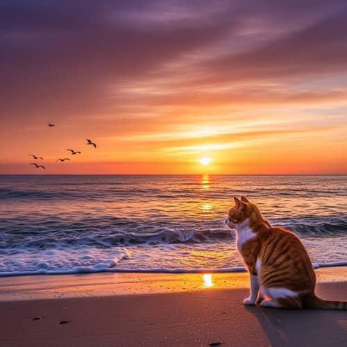 Serene Cat Watching Ocean Waves at Sunset