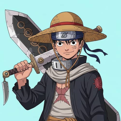 Anime Character Fusion with Luffy's Hat, Naruto Headband, Ichigo Sword, and Knife