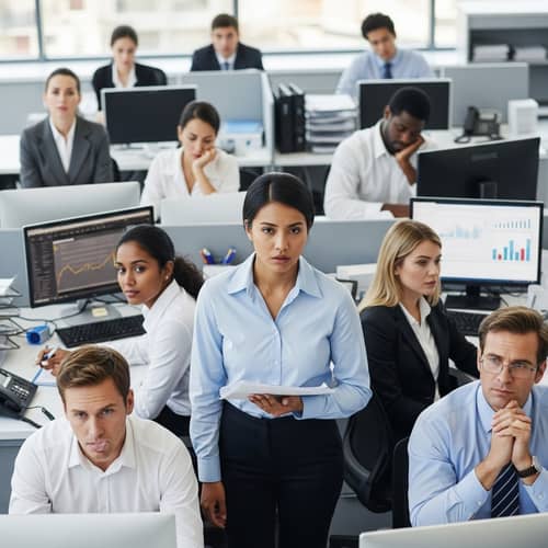 Diverse Bankers Facing Exhaustion in Stressful Office Environment