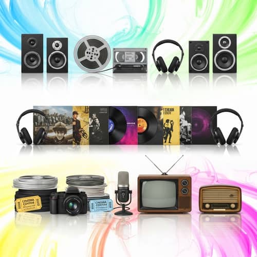 Multimedia Collection: Audio Speakers, Video Reel, Vinyl Records...