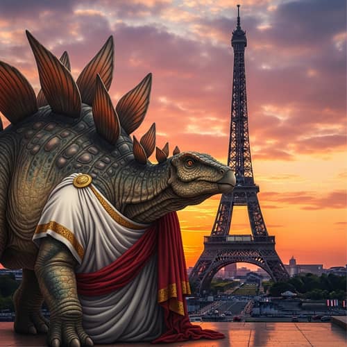 Stegosaurus in Roman Toga at Eiffel Tower Sunset Digital Art