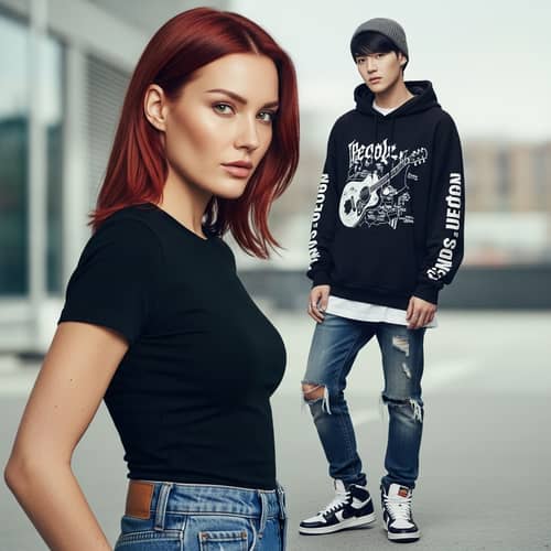 Red-Haired Woman and Young Man in Trendy Street Fashion